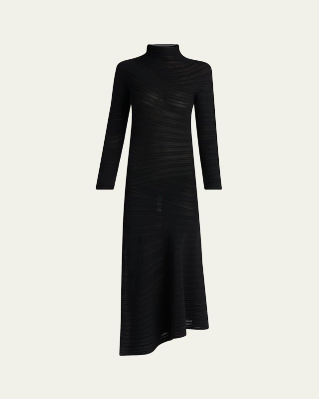 Asymmetric Tonal Striped Jersey Mock-Neck Midi Dress
